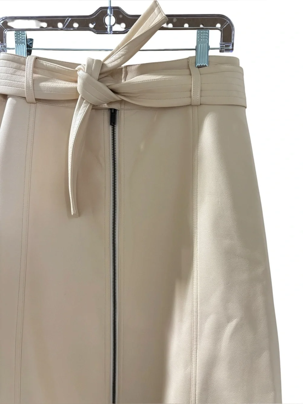 Marie Oliver Cream Tie-Waist Faux Leather Midi Skirt with Front Zip Size‎ 4